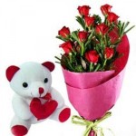 10 Pink Rose Bunch With Teddy Bear