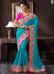 Incredible Turquoise Art Silk Embroidered Work Designer Wedding Saree - Indian Saree Store