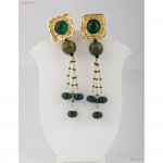 Fashion Jewellery Earrings - The Apple Green Garnets Studded In Gold Polished Square Brass Casing